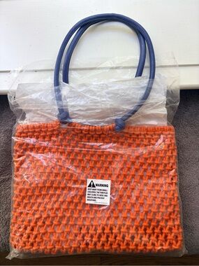 CLARE V Handwoven Orange Knit Tote with Leather Navy Handles - NIP never used